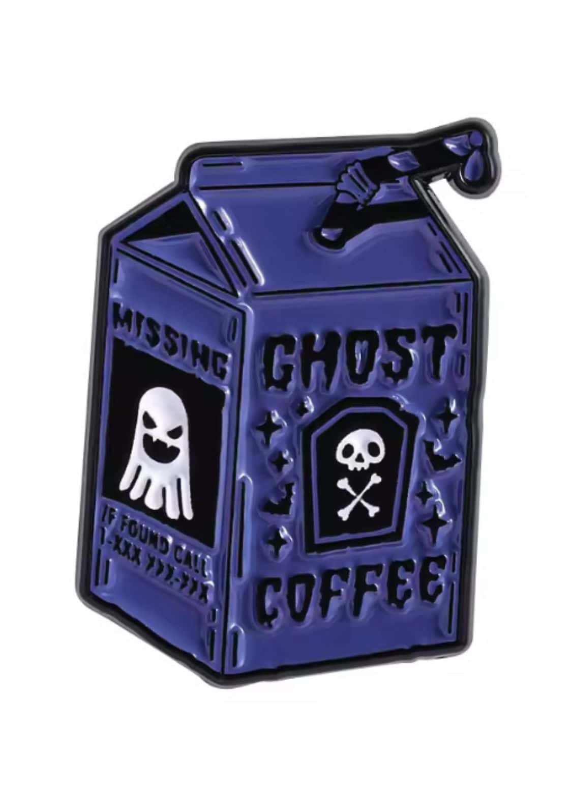 Ghost coffee gothic horror pin in white enamel with black details inspired by ghost coffee branding