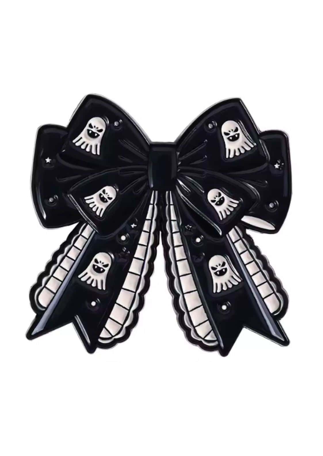 Schwarze haarschleife mit weißem ghost und sternmuster gothic horror billy face design ghost ribbon pin