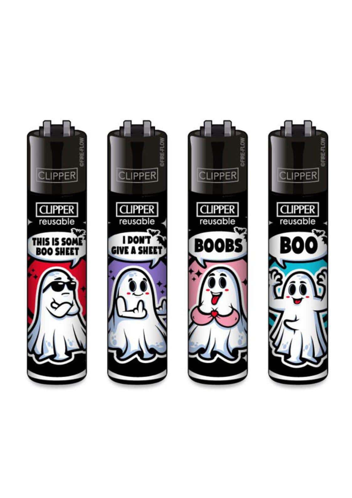 Vier schwarze clipper feuerzeuge mit cartoon-geistern und lustigen sprüchen im ghosts clipper feuerzeug set