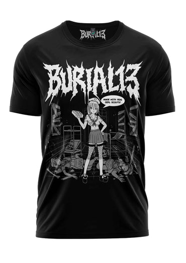 Schweres unisex t-shirt ghoul scout mit strapazierfähigem stoff und weißem grafikdesign eines charakters mit essen und burialis text