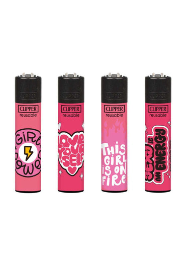 Rosa clipper wiederverwendbare feuerzeuge mit schwarzen kappen und bunten motivationalen designs aus dem girl power set für gothic kleidung fans