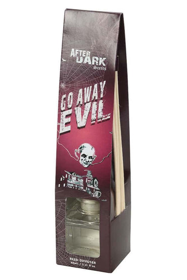 Dunkelrot schwarzer away evil reed diffuser mit grusel design aus schädel spinnenweben und haunted house illustration