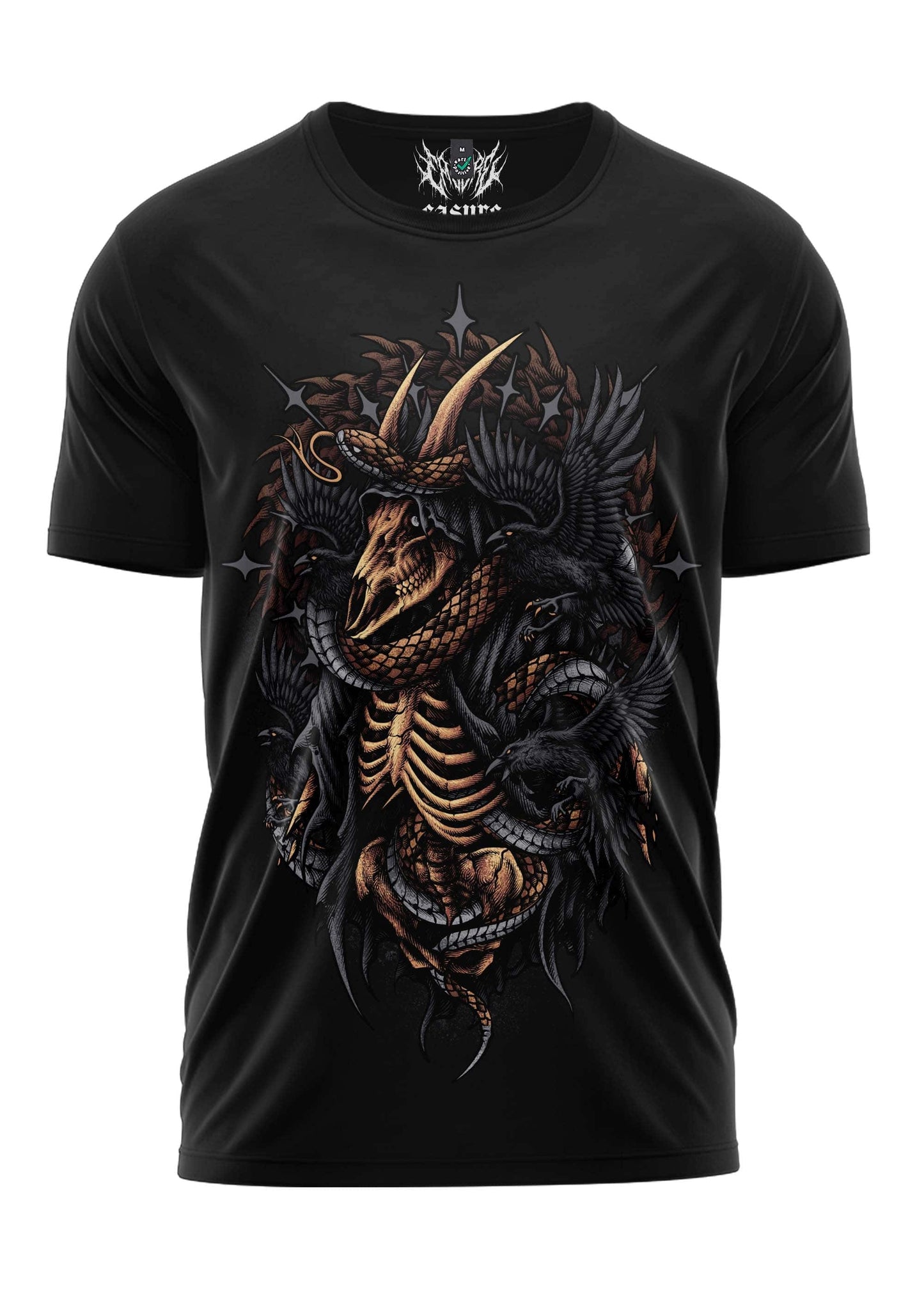 Schweres unisex t-shirt goat raven in schwarz mit detailliertem skelettdrachen auf strapazierfähigem stoff und weicher qualität
