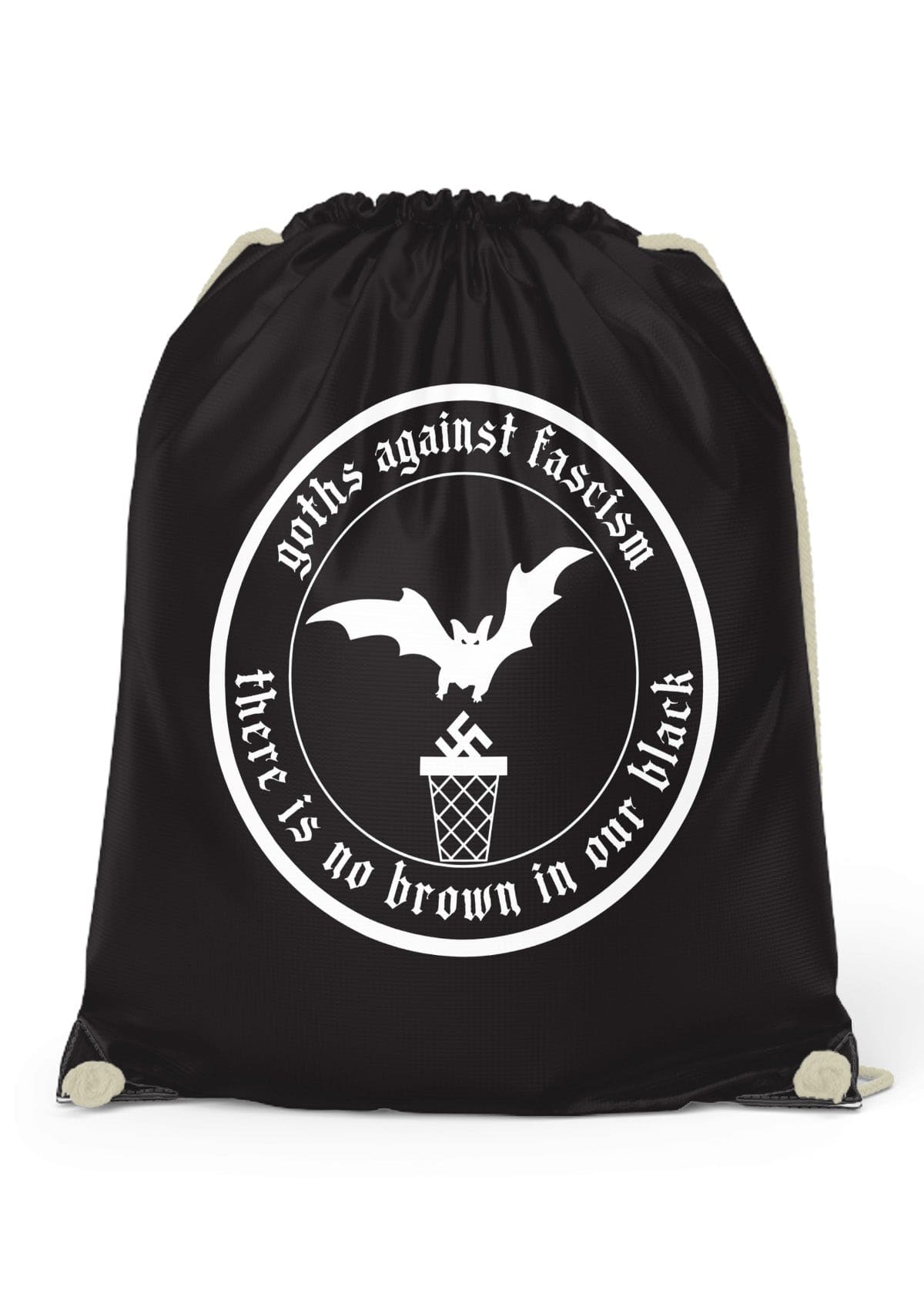 Schwarze Gym Bag mit Fledermaus-Basketball-Grafik und Goths Against Fascism