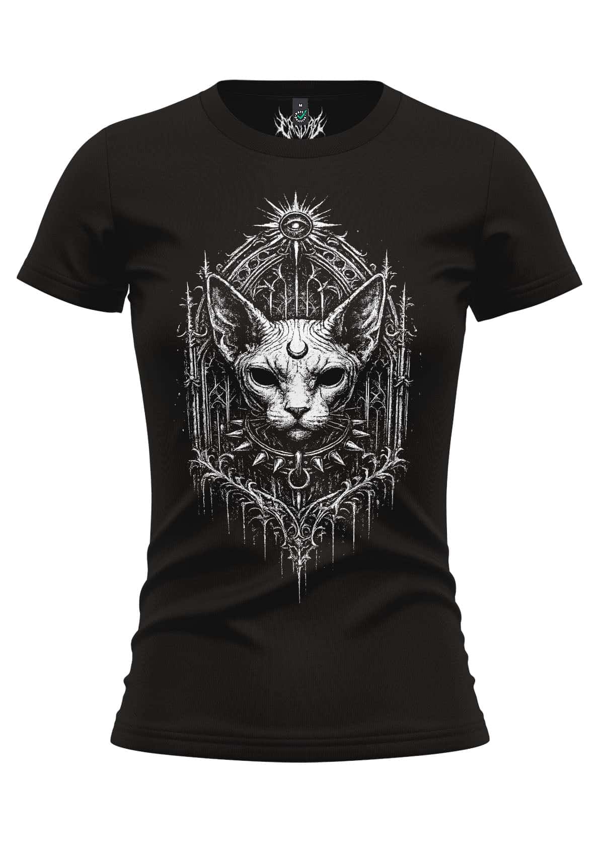 Schwarzes damen fitted t-shirt mit weißem gothic sphynx katzenmotiv und mystischen symbolen gore kleidung