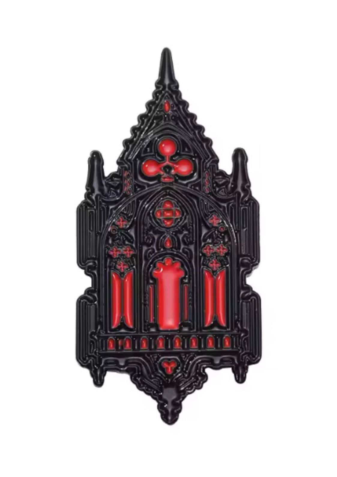 Goth pin Gothic kathedrale brooch mit rot schwarz akzenten schädel design kupfer zubehör emaille dekor goth mode