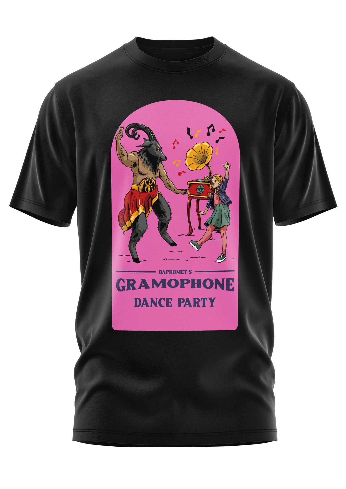 Schwarzes cotton t-shirt mit vibrantem pinkem baphomet und tanzender frau grafik gothic horror style bitte