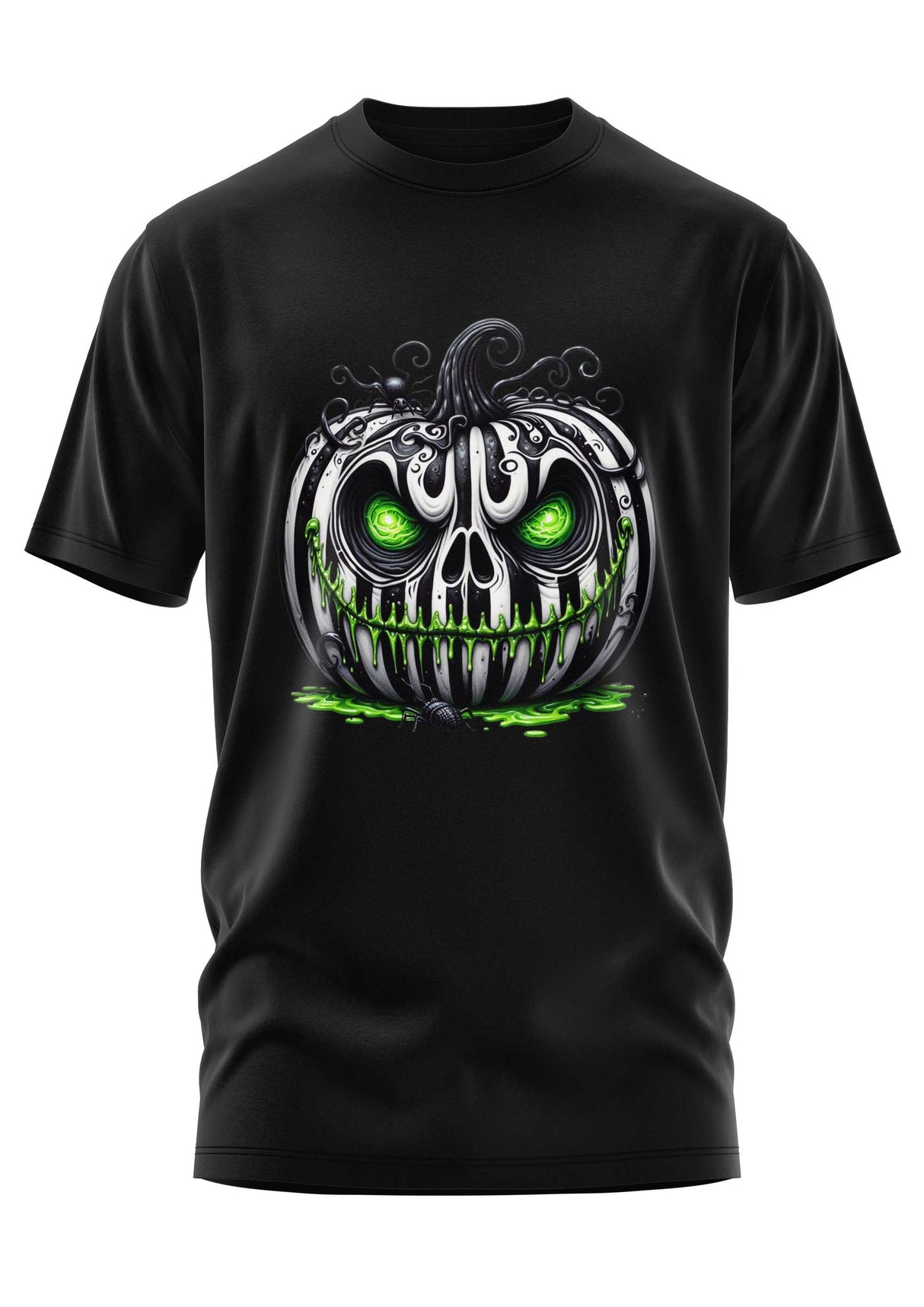 Schwarzes T-Shirt mit Kürbis-Totenkopf-Motiv, grünen Augen und weißen Zähnen.