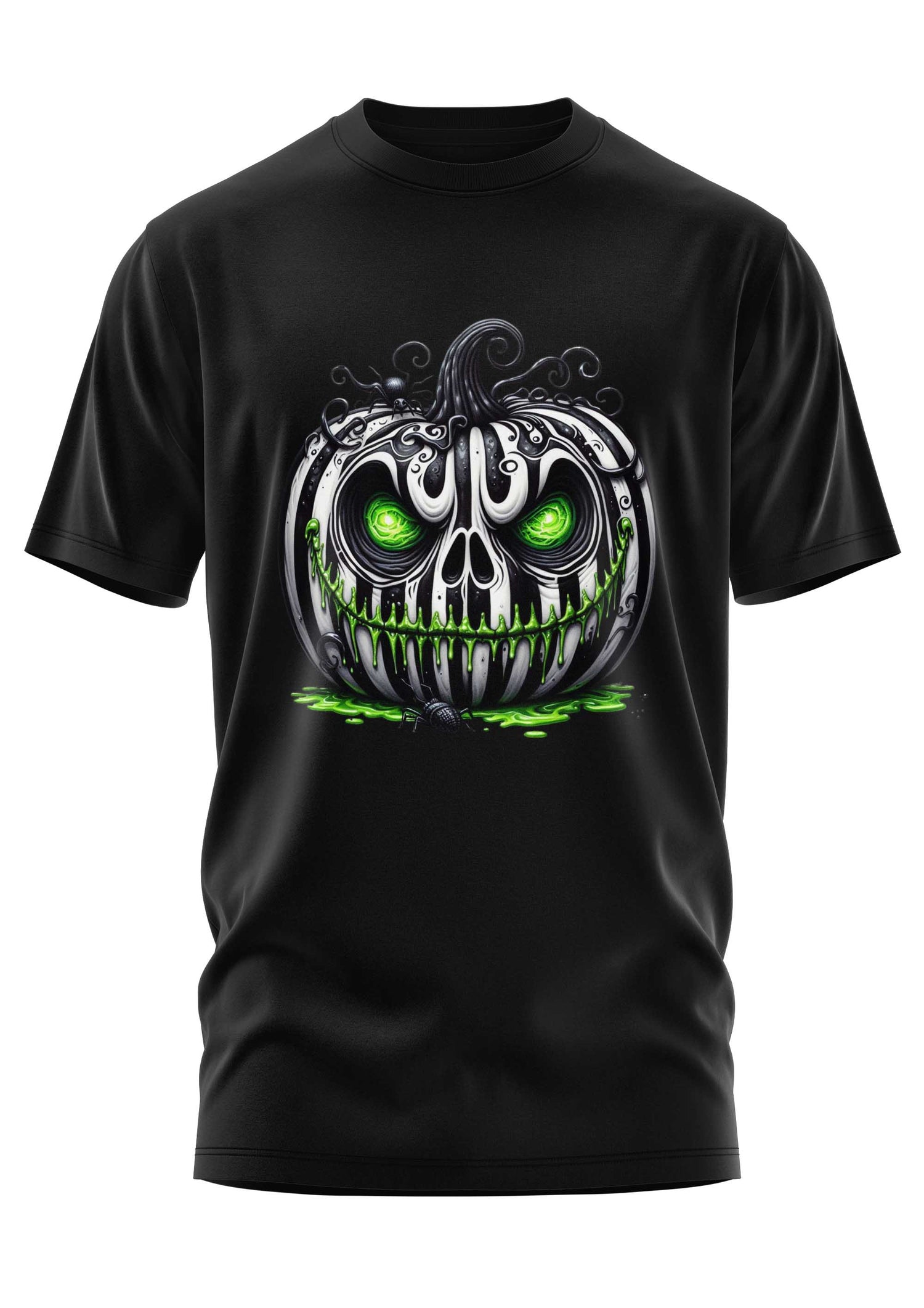 Schwarzes T-Shirt mit Kürbis-Totenkopf-Motiv, grünen Augen und weißen Zähnen.