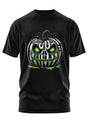 Schwarzes T-Shirt mit Kürbis-Totenkopf-Motiv, grünen Augen und weißen Zähnen.
