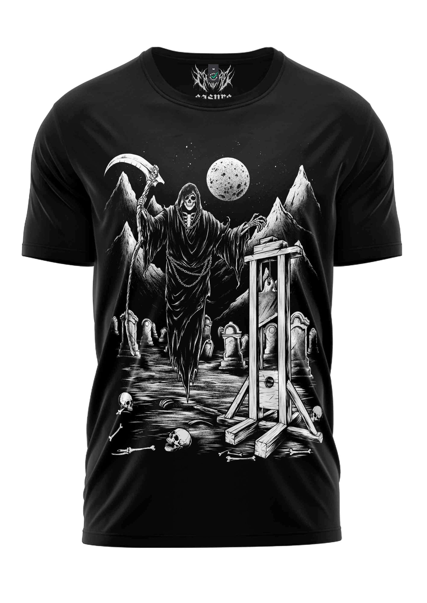 Schwarzes gothic horror shirt mit detailliertem schwarz-weiß grafik grim reaper vor richterbühne und bergen