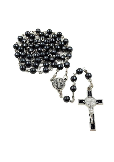 Gunmetal steel rosenkranz mit schwarzen perlen, silbernen akzenten und gothic kreuz für horror anlässe