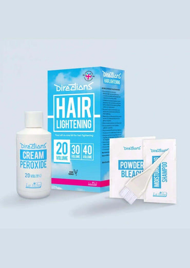 Blaue und weiße directions la riche haaraufhellungs-kit mit 20 volumen cremeperoxid, pulverbleiche und feuchtigkeitsshampoo für kontrollierte aufhellung