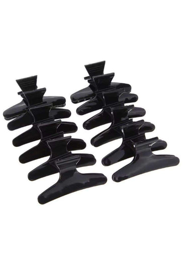 Set aus zehn glänzenden schwarzen plastik-haarklammern mit glatten kanten für kreative looks und zuverlässiges friseurzubehör