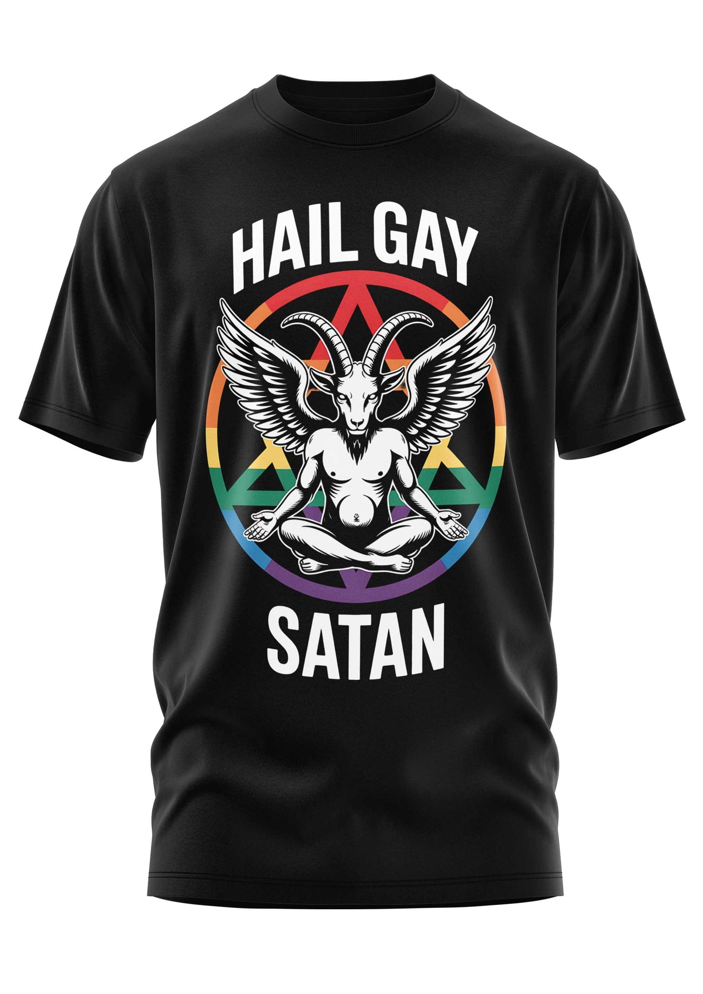 Schwarzes T-Shirt mit dem Motiv ’Hail Gay Satan’.