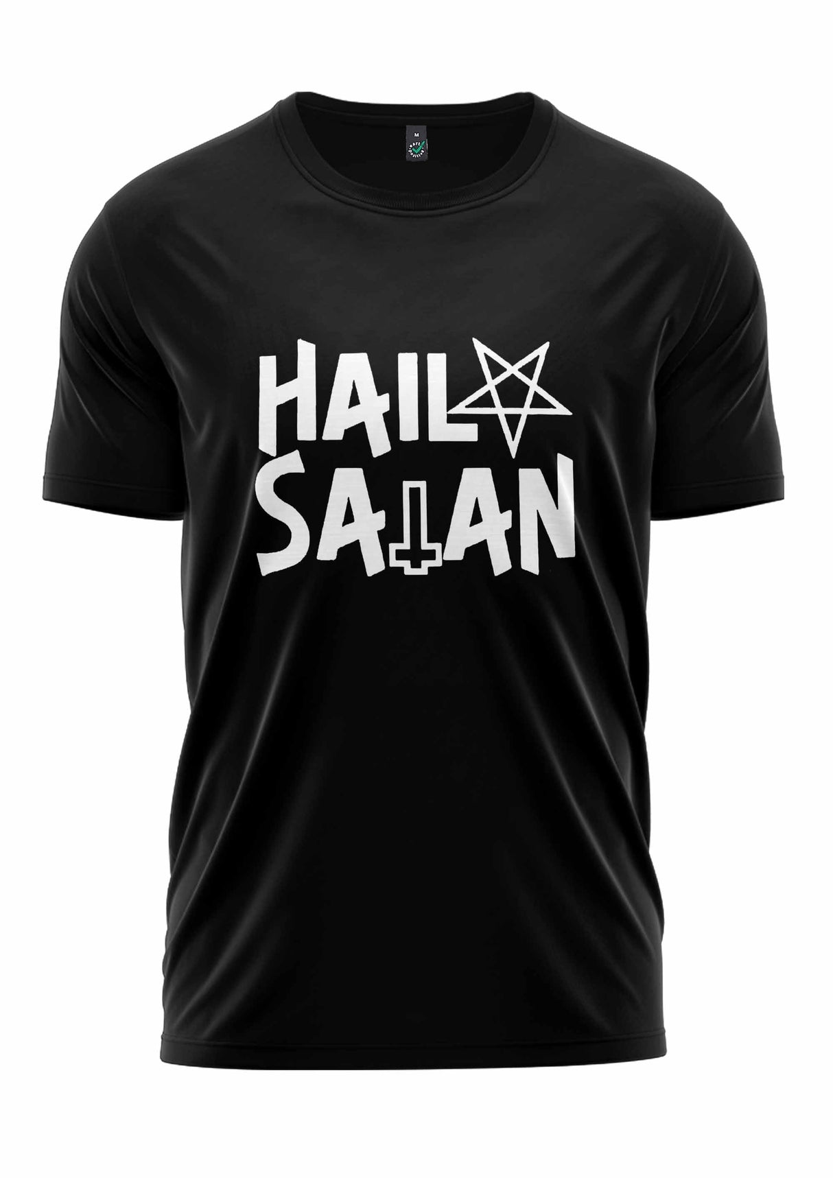 Schwarzes T-Shirt mit ’Hail Satan’-Text und Pentagramm-Design, das ein Kreuzsymbol aufweist.