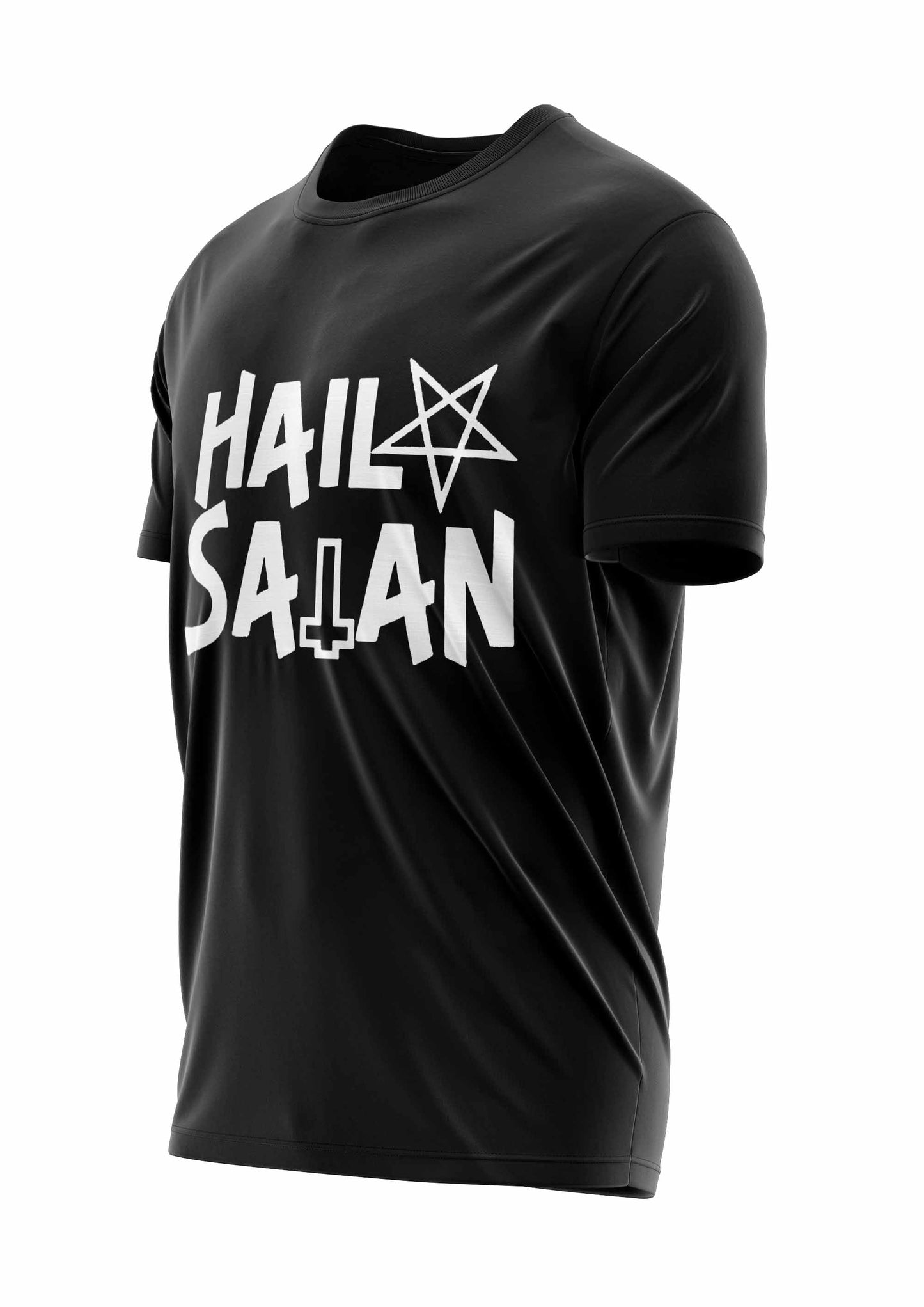 Schwarzes T-Shirt mit Text „hail satan“ und Pentagramm-Design, mit klassischem Rundhalsausschnitt.