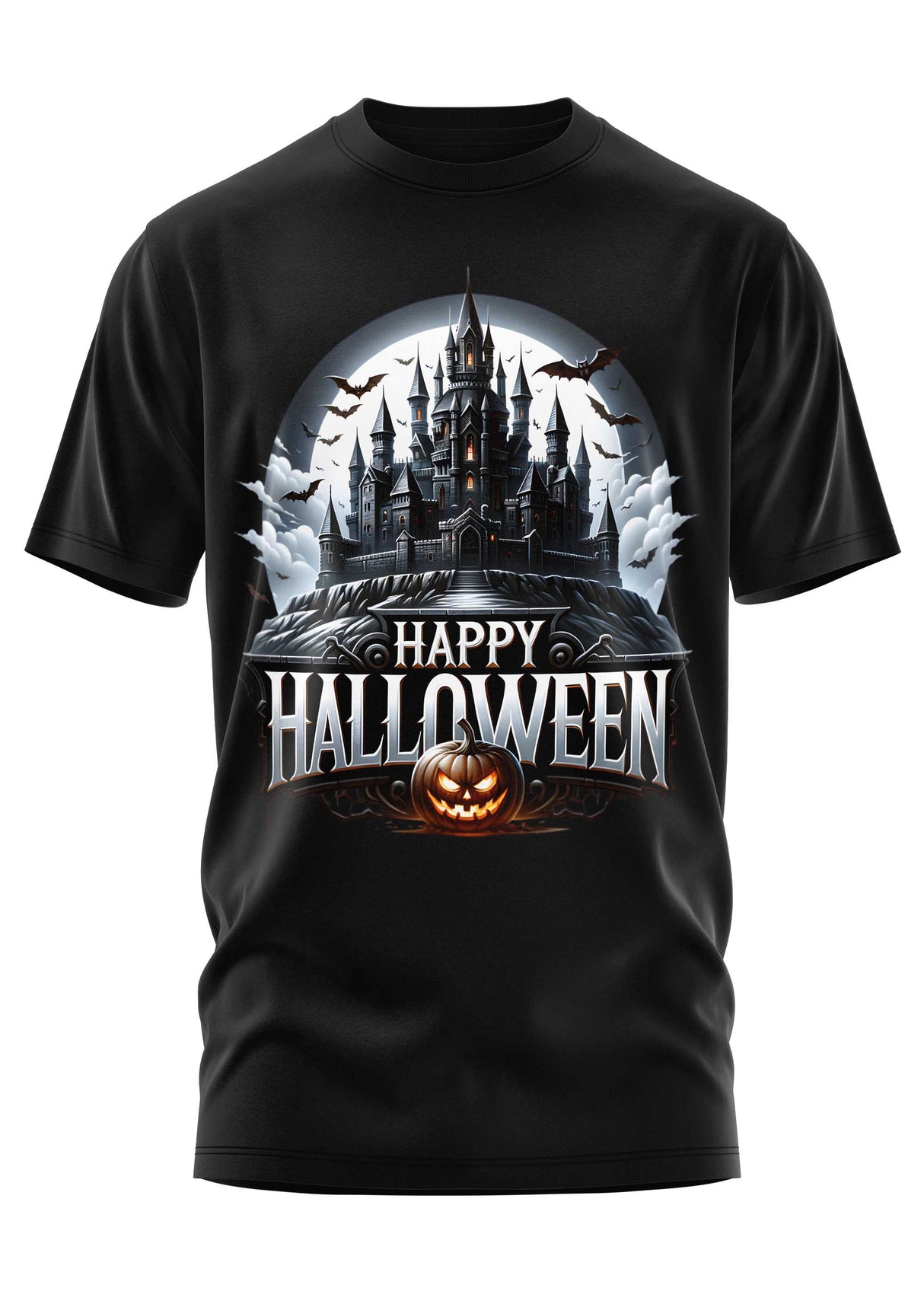 Schwarzes T-Shirt mit einem Halloween-Motiv, das ein Spukschloss, Irrlichter und Gespenster zeigt.