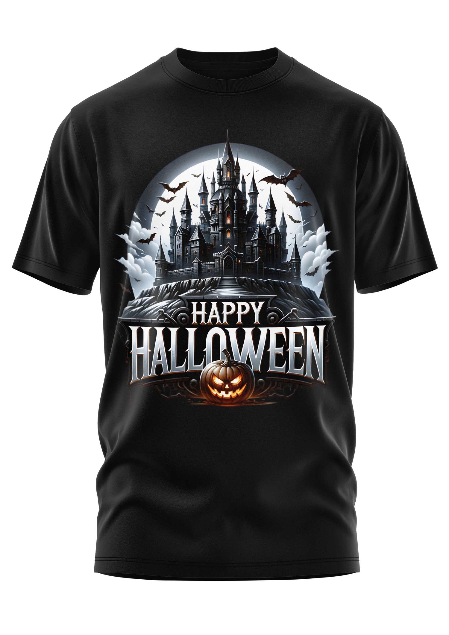 Schwarzes T-Shirt mit einem Halloween-Motiv, das ein Spukschloss, Irrlichter und Gespenster zeigt.