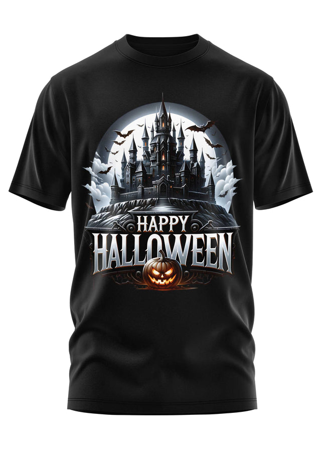 Schwarzes T-Shirt mit einem Halloween-Motiv, das ein Spukschloss, Irrlichter und Gespenster zeigt.