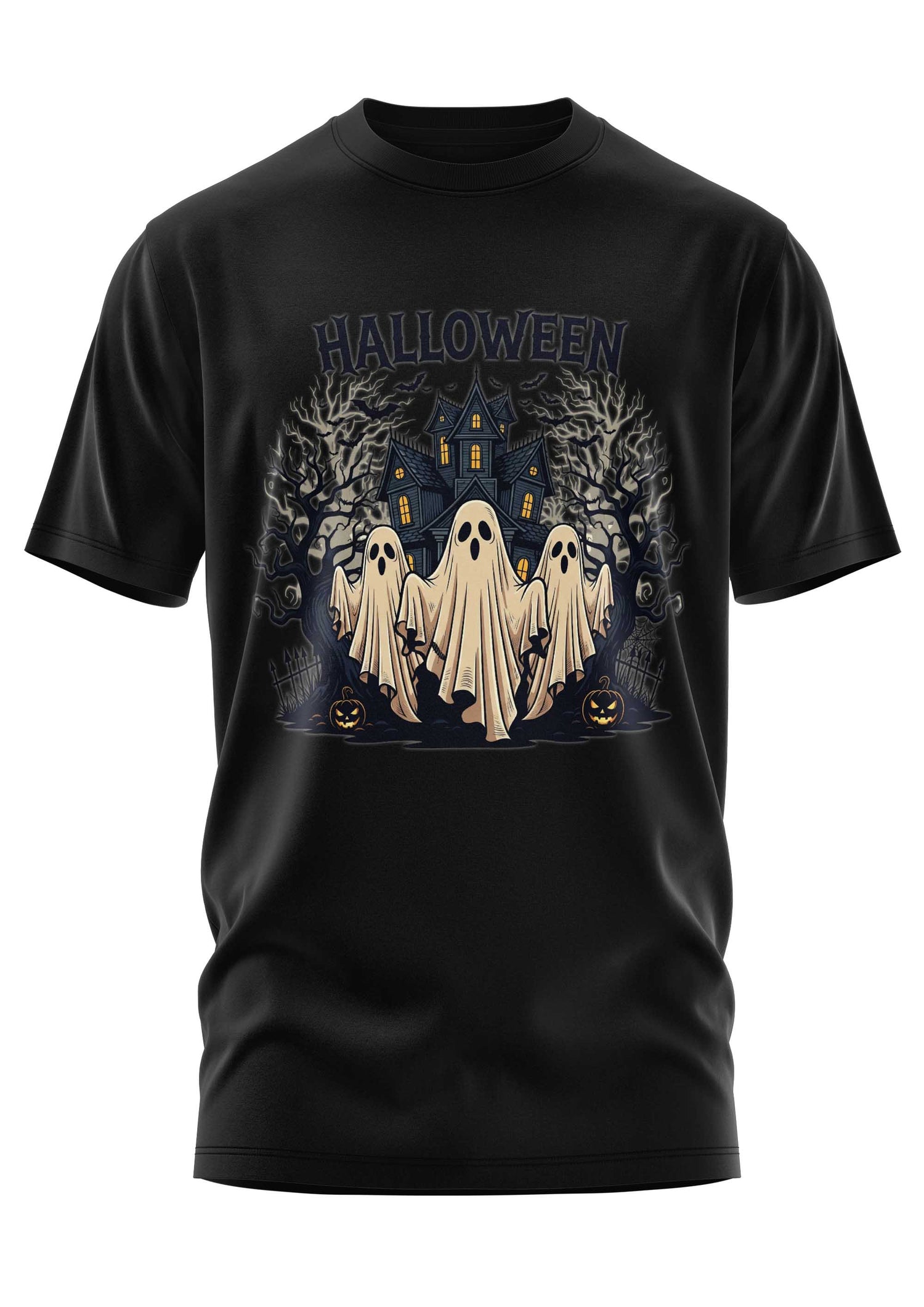 Schwarzes T-Shirt mit Gespenstermotiv und Halloween-Text.