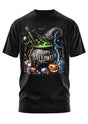 Schwarzes T-Shirt mit Halloween-Motiv mit Kessel, Kürbissen und Hexenhut.