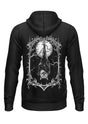 Schwarzer Kapuzenpullover mit Reißverschluss, Fledermausmotiv und Mondmotiv.