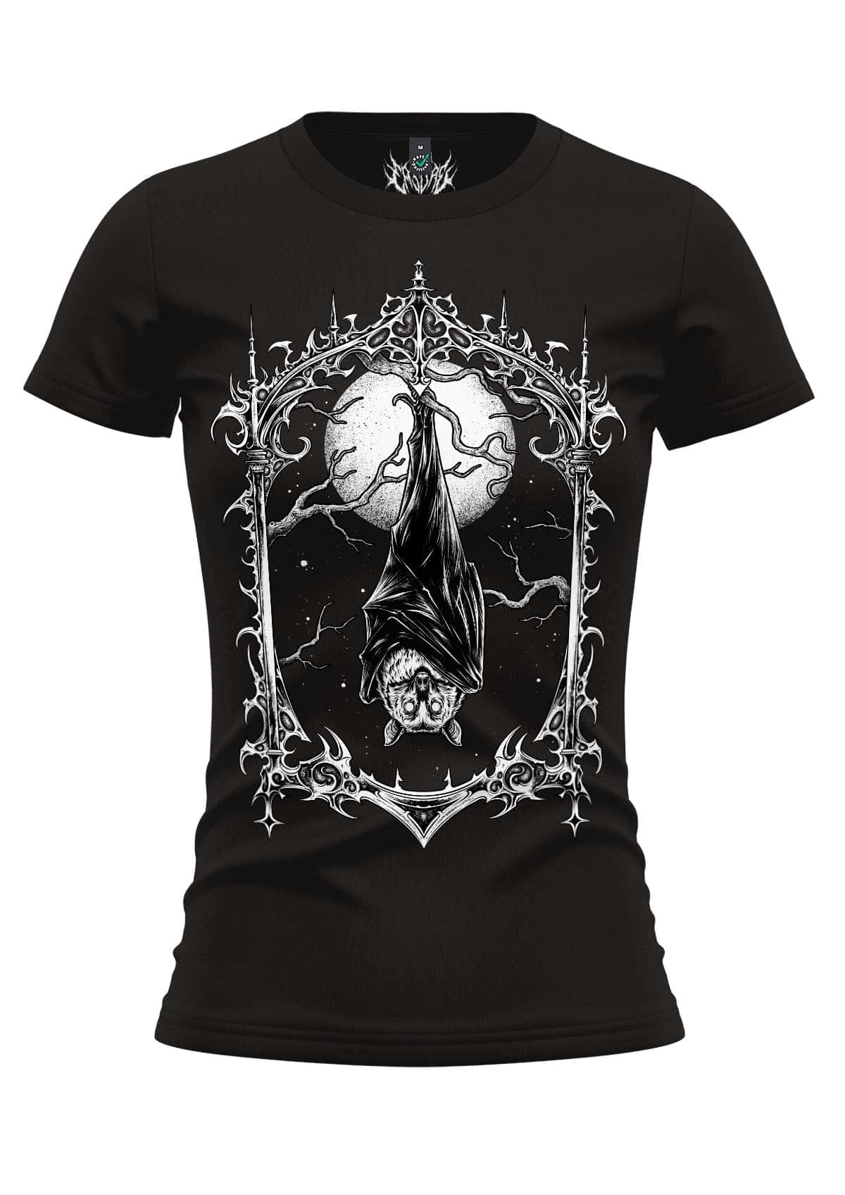 Schwarzes girlie shirt mit weißem hanging bat grafik einer fledermaus an gotischem bogen vor mond und blitzen