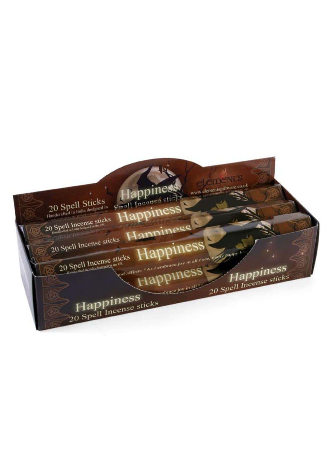Braune kartondisplaybox mit mehreren paketen happiness räucherstäbchen für glückliche stimmung