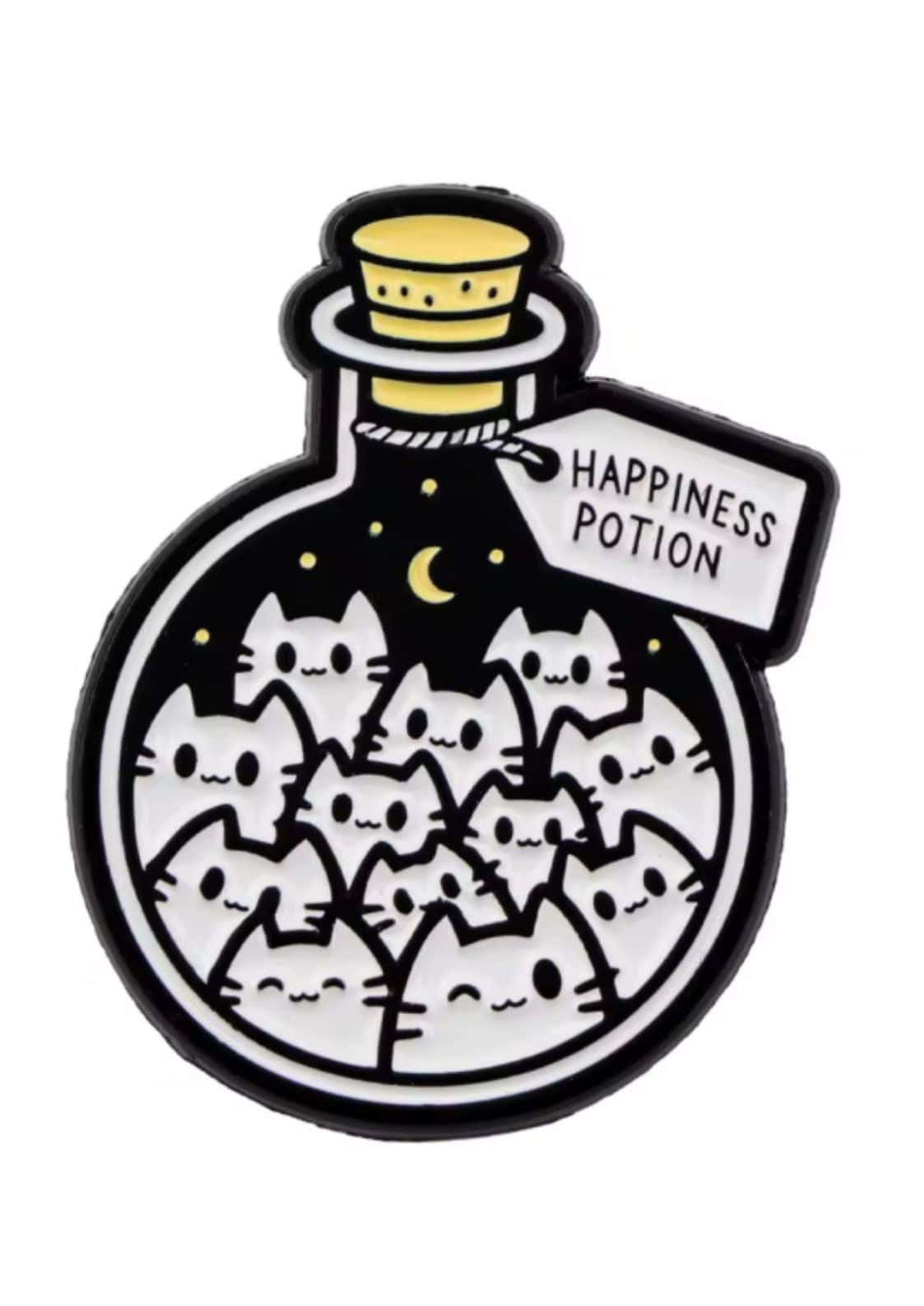 Happiness potion pin in schwarzweiß mit katzenmotiv im gothic horror stil aus metall