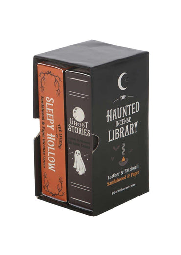Schwarze rechteckige box mit zwei büchern mit orange und dunkelbraunem rücken the haunted incense library für räucherstäbchen mit zarte duft