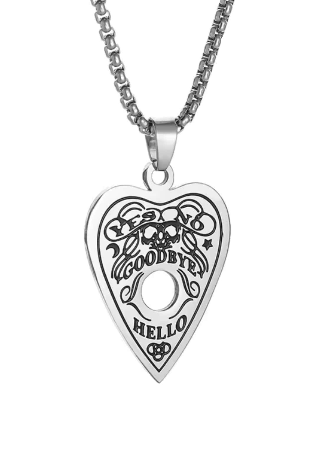Silberne herzförmige ouija board halskette hello goodbye mit graviertem yes no goodbye hello text und schädel design