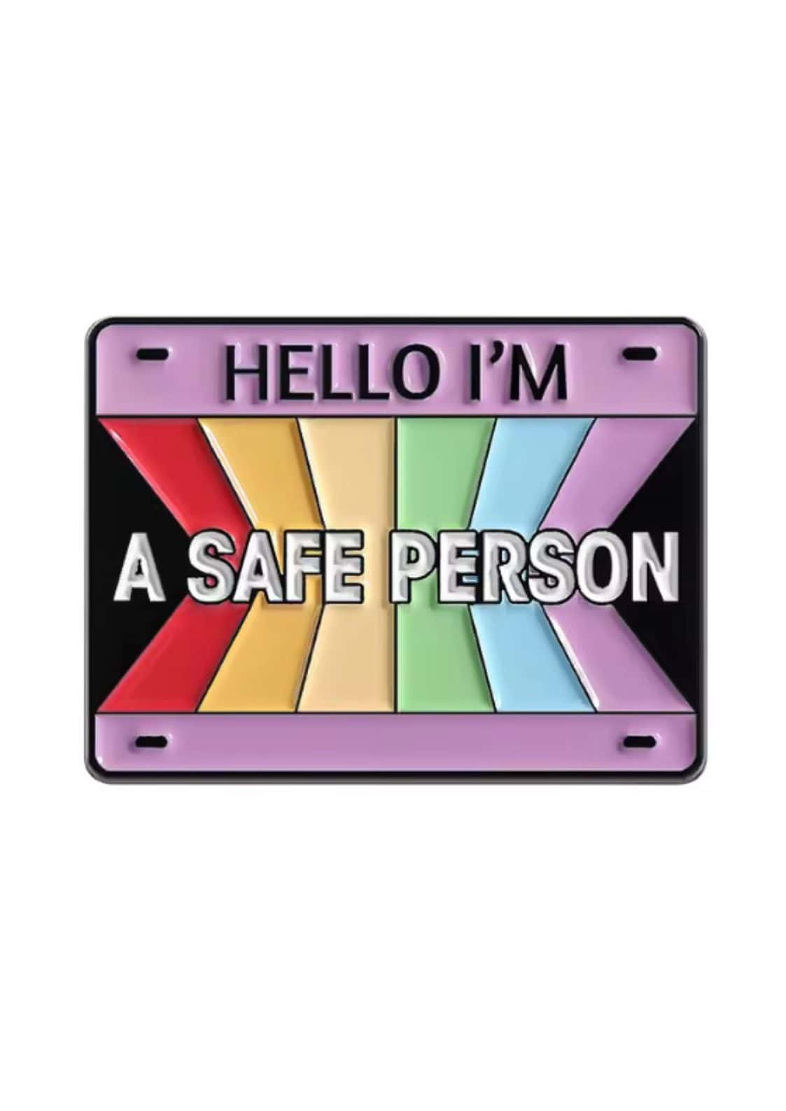 Lila kennzeichen-pin mit regenbogenstreifen und text hello im a safe person im gothic horror style