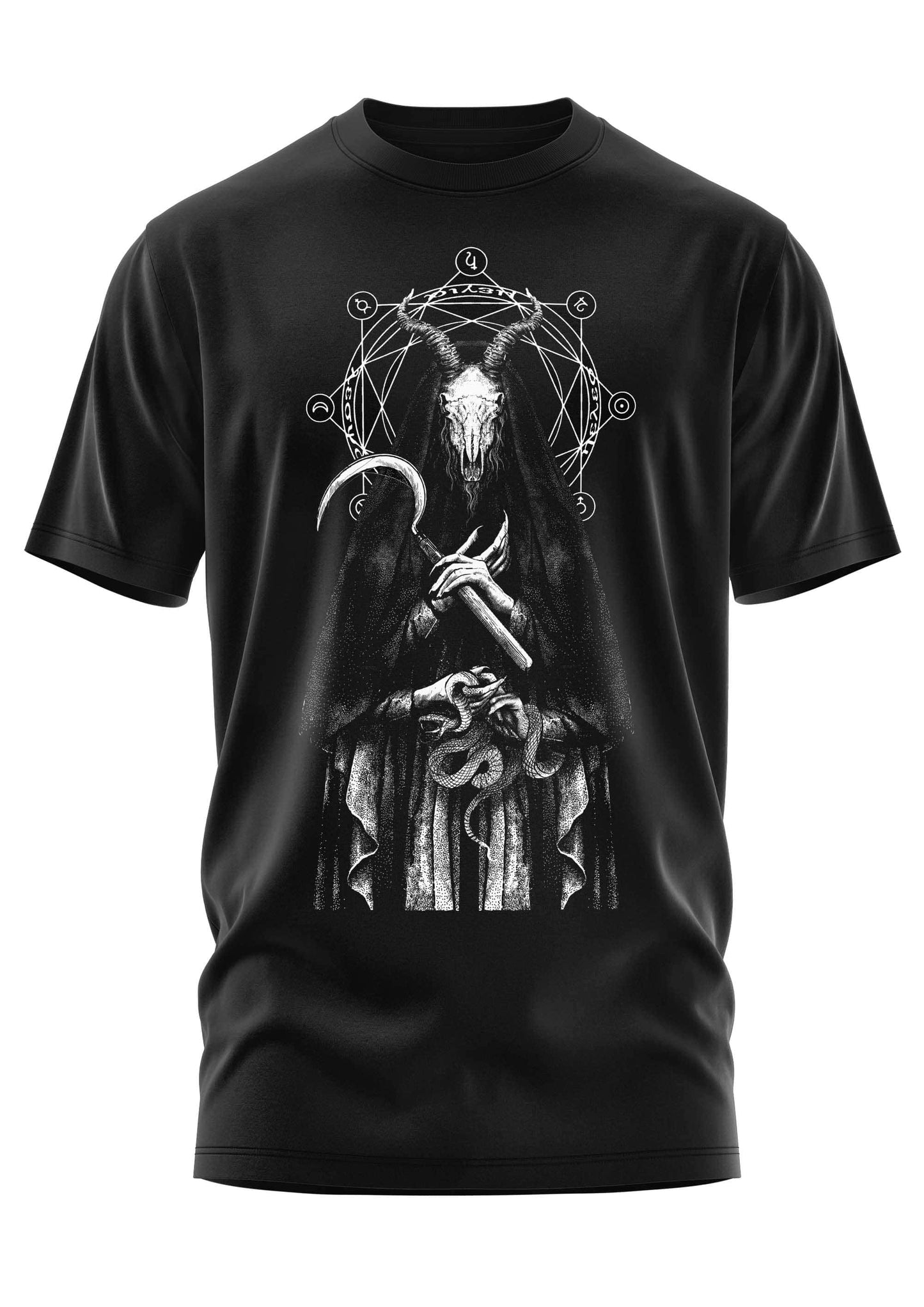 Schwarzes gothic bitte t-shirt heresy mit detailliertem schwarz-weiß horror motiv eines gehörnten figures mit sense