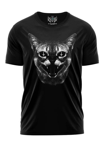 Schwarzes kurzarmshirt mit gothic horror-motiv eines fauchenden katzens mit kreuzförmigen augen bitte