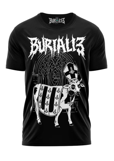 Schwarzes schweres unisex t-shirt holy cow burial 13 mit weißem kuh-graphic in weicher qualität und strapazierfähigem stoff