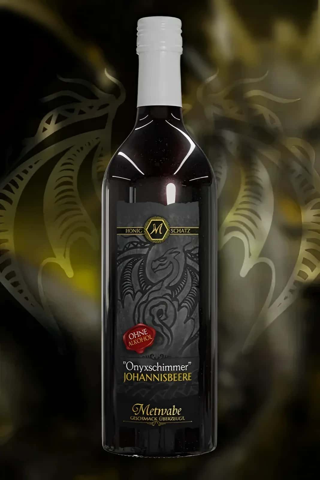 Flasche honigschatz onyxschimmer alkoholfrei 075l mit dunklem rotwein und gothic drachenetikett in horror stil