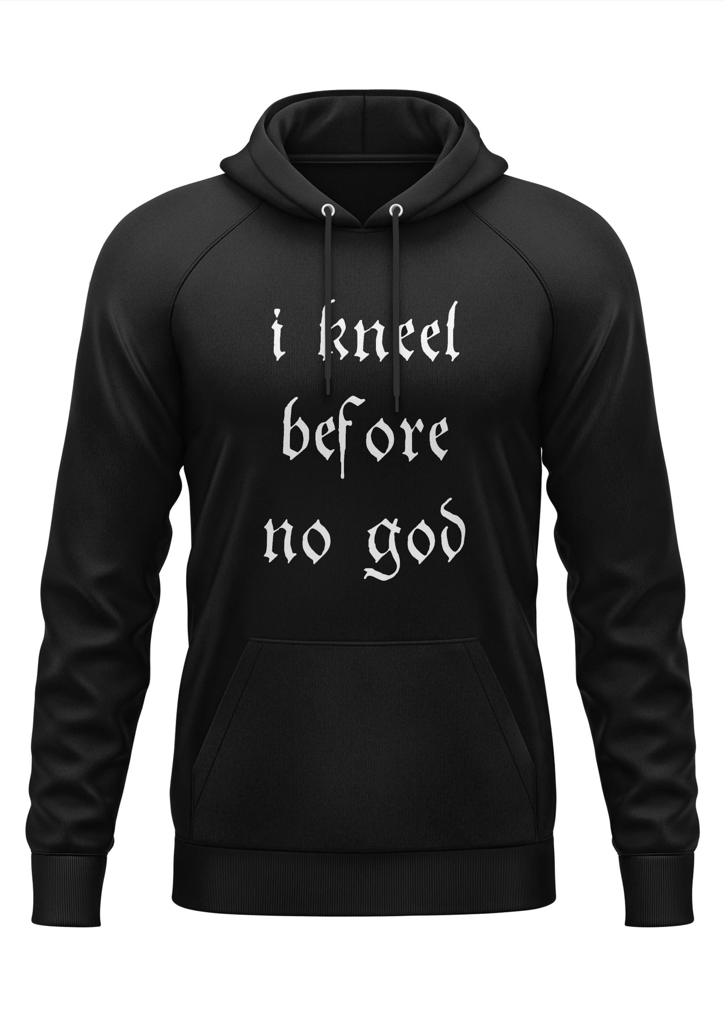 Schwarzer Hoodie I KNEEL mit gotischem Metal-Text vor Brust