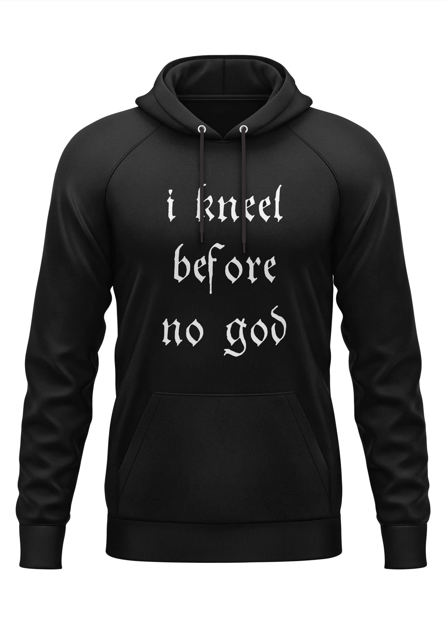 Schwarzer hoodie mit weißem gothic-text i kneel before no god passend für horror- und bitte-stil
