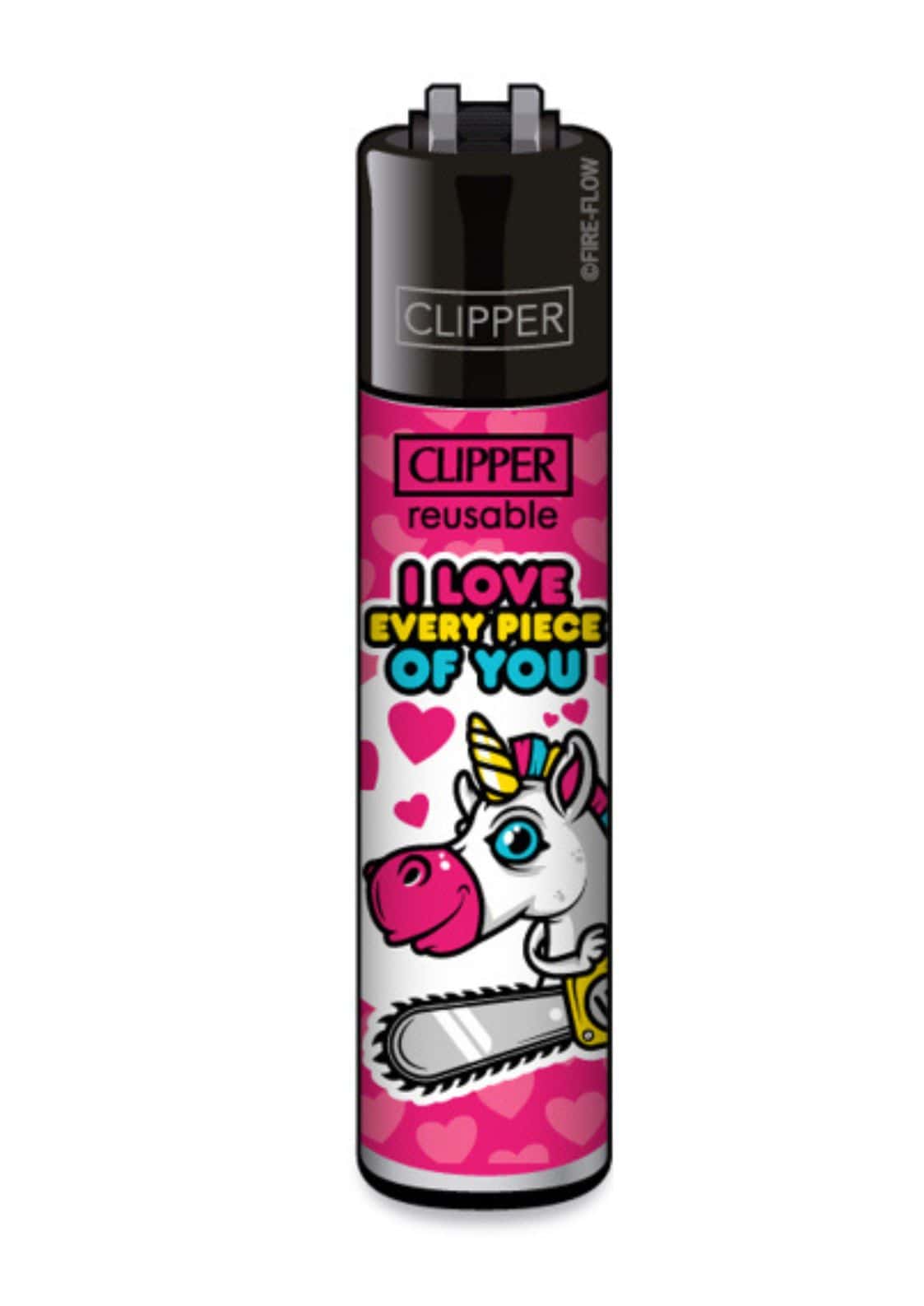 Pink und weißer refillable clipper lighter mit cartoon-einhorn und herzmotiven im design i love every piece of you
