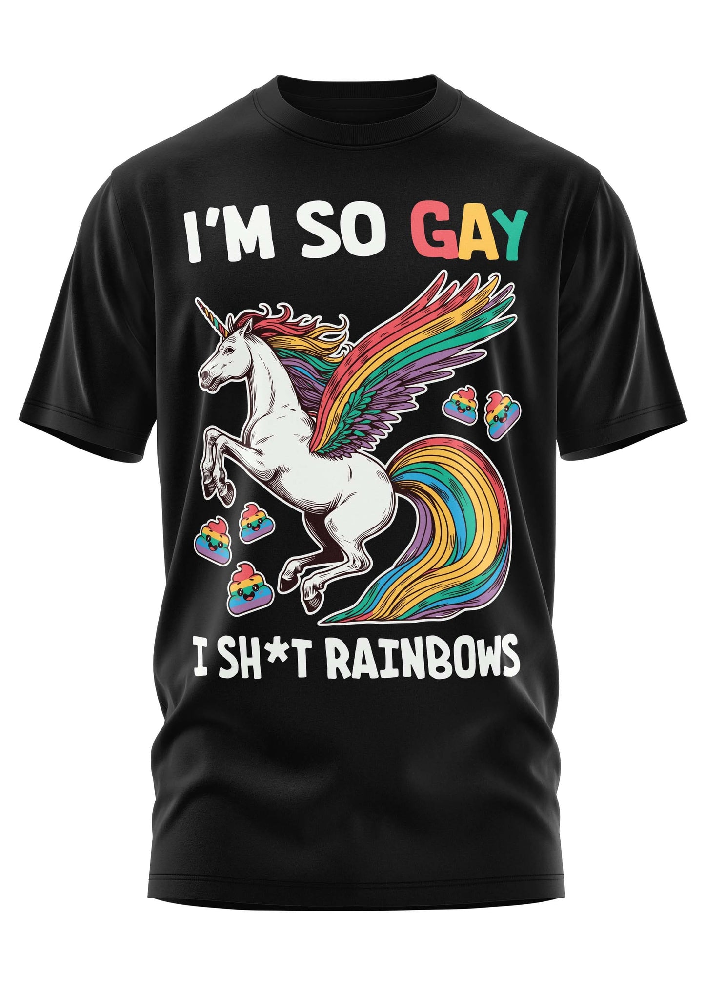 Ein schwarzes T-Shirt mit einem bunten Einhornmotiv.