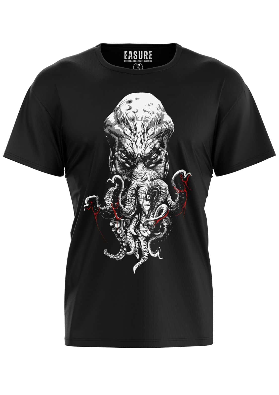 Schwarzes cotton t-shirt mit detailliertem weiß-rotem cthulhu grafik im gothic horror stil, immortal cthulhu shirt