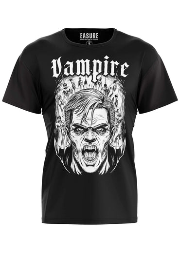 Schwarzes gothic horror t-shirt impaler mit weißem line-art vampire gesicht und gothic lettering bitte print