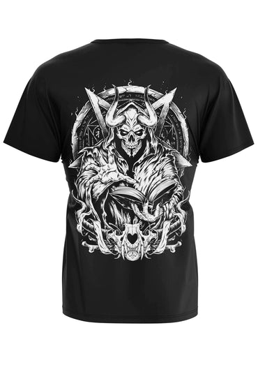 Schwarzes gothic horror kurzarmshirt bitte incantation mit weißem rückendruck eines gehörnteren skeletts und okkultsymbolen