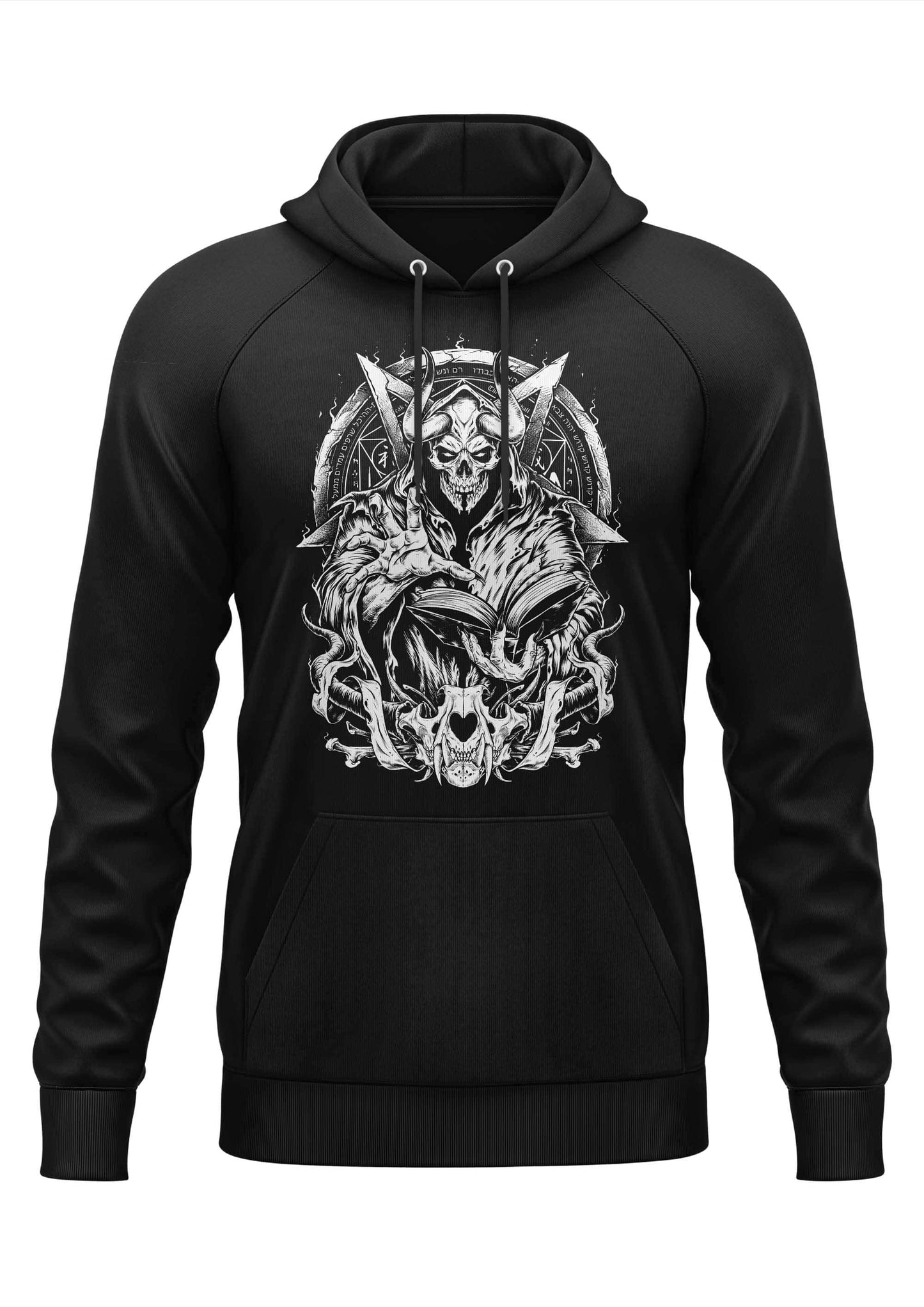 Schwarzer bitte hoodie incanation mit detailliertem weißen gothic horror grafik skelettfigur mit hörnern und gekreuzten schwertern