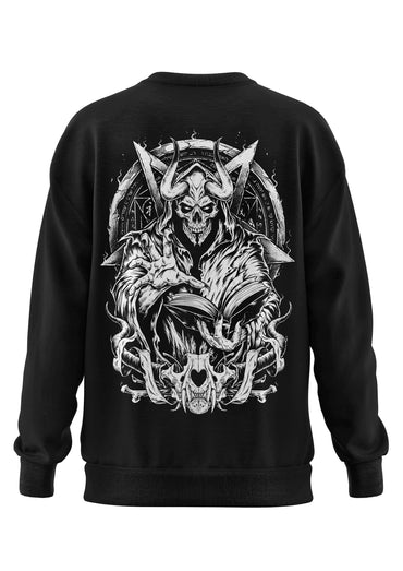 Schwerers unisex sweatshirt incantation in schwarz mit weißem hornigem skelettmotiv aus recyceltem polyester und strapazierfähigem stoff