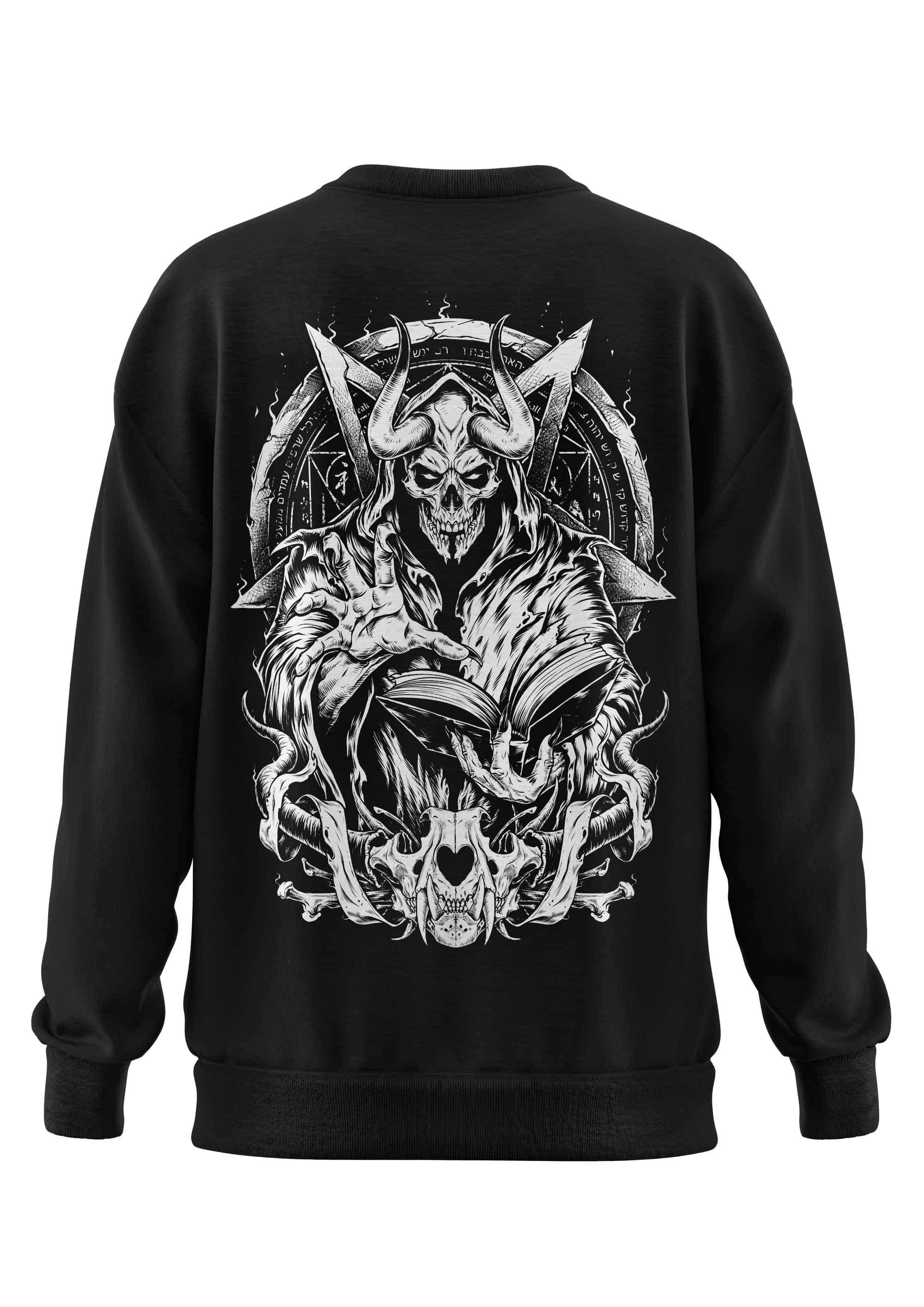 Schwerers unisex sweatshirt incantation in schwarz mit weißem hornigem skelettmotiv aus recyceltem polyester und strapazierfähigem stoff