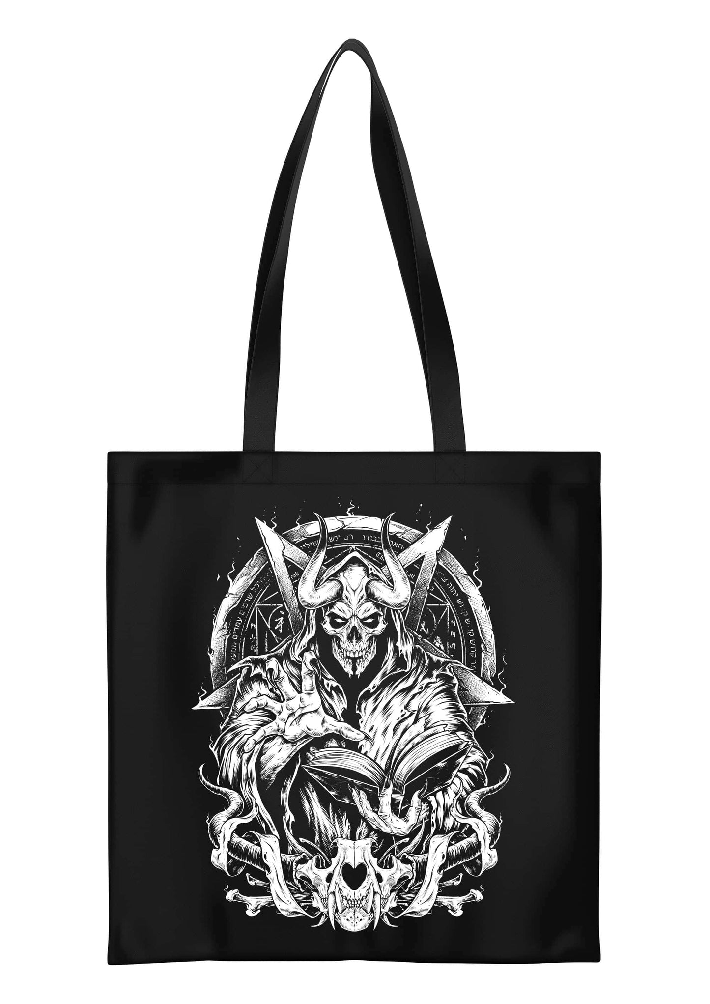Schwarze Incanation Tote Bag mit weißer Skelett-Grafik, Hörnern, Buch und okkulten Symbolen