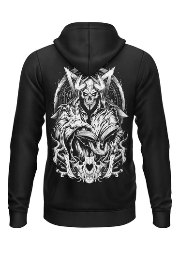 Schwarzer bitte zipper hoodie mit gothic horror grafik eines skelettwesens mit hörnern und flügeln das ein offenes buch hält