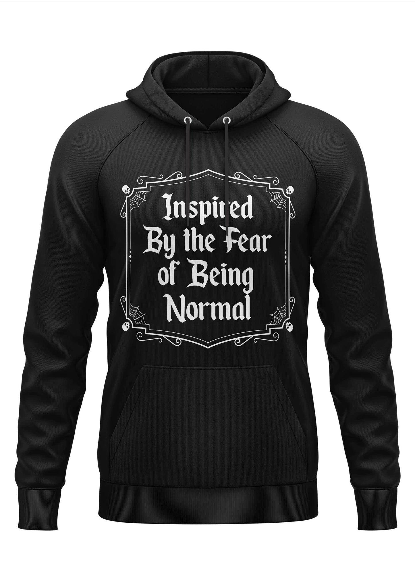 Schwarzer hoodie mit weißem gothic-text inspiriert von der angst normal zu sein und kleinen schädeln
